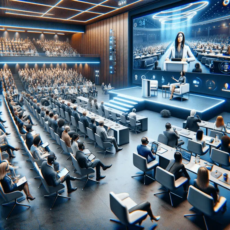 A hyper-realistic illustration depicting a hybrid event happening live. The scene shows a modern, high-tech conference room with a large screen display