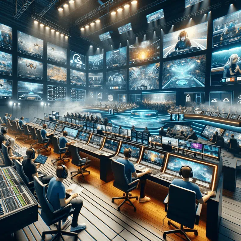 A hyper-realistic illustration showing the behind-the-scenes of an esports production. The scene captures a high-tech control room bustling with activity