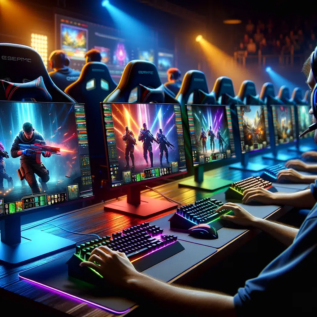 A realistic illustration of esports games being played on PCs. The scene shows several professional gamers intensely focused on their monitors